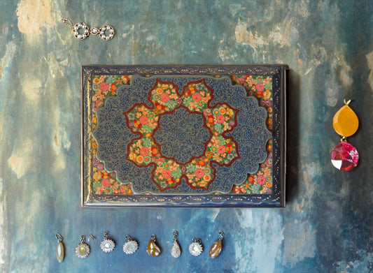 Real Gold Hazara Floral Art Lacquer Box - 10'' x 7'' x 2'' - Handcrafted Paper Mache from Kashmir