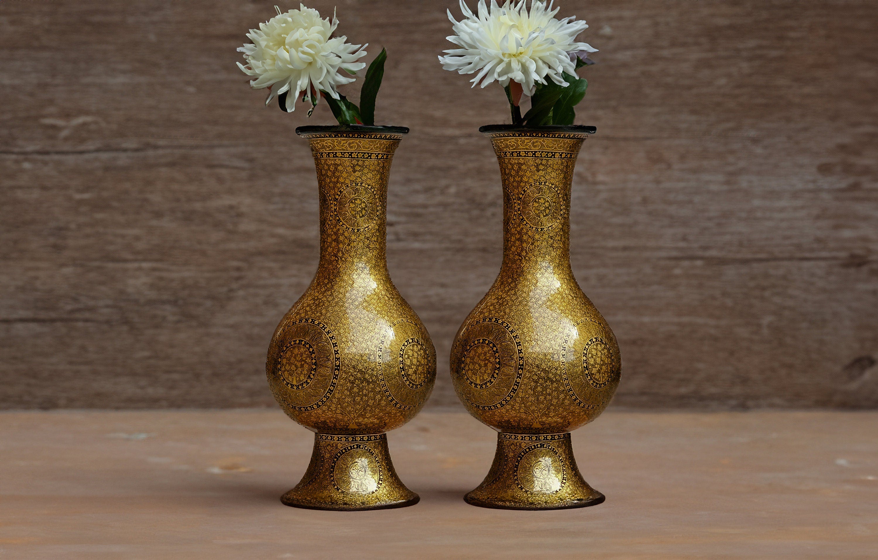 Papier Mache Vase Pair - 16" Tall with Gold Chinar Leaf Painting, Perfect for Bedroom Decor or Wedding Gift