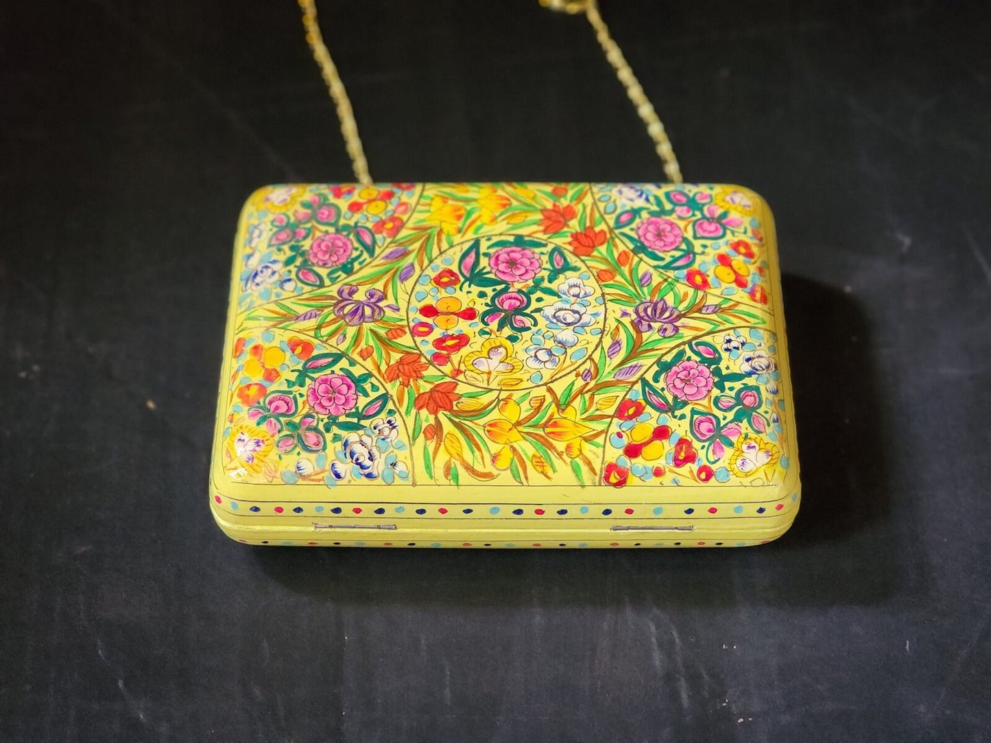 Handmade Kashmir Paper Mache Clutch with Hazara Floral Lacquer Art on Wood