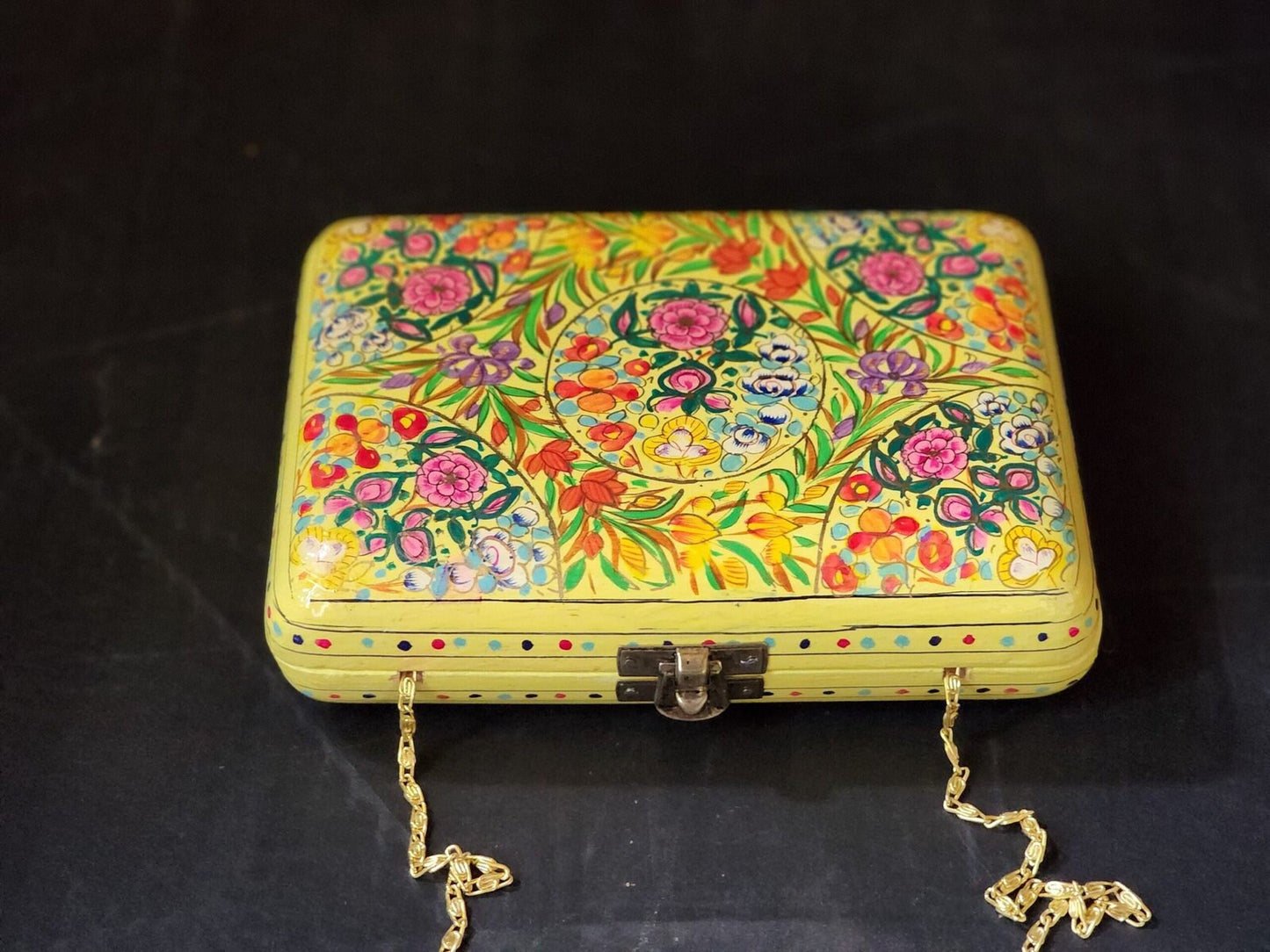 Handmade Kashmir Paper Mache Clutch with Hazara Floral Lacquer Art on Wood