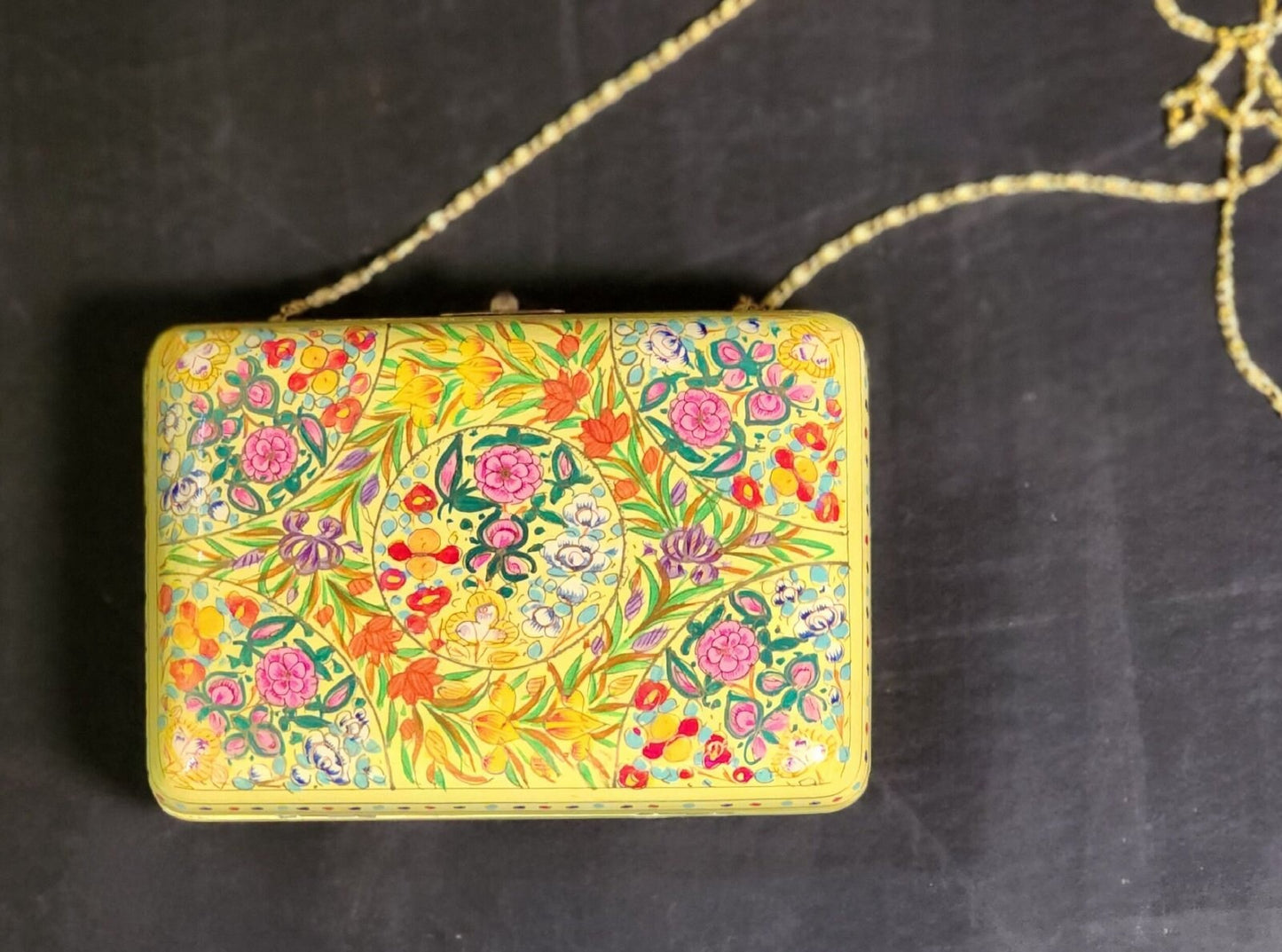 Handmade Kashmir Paper Mache Clutch with Hazara Floral Lacquer Art on Wood