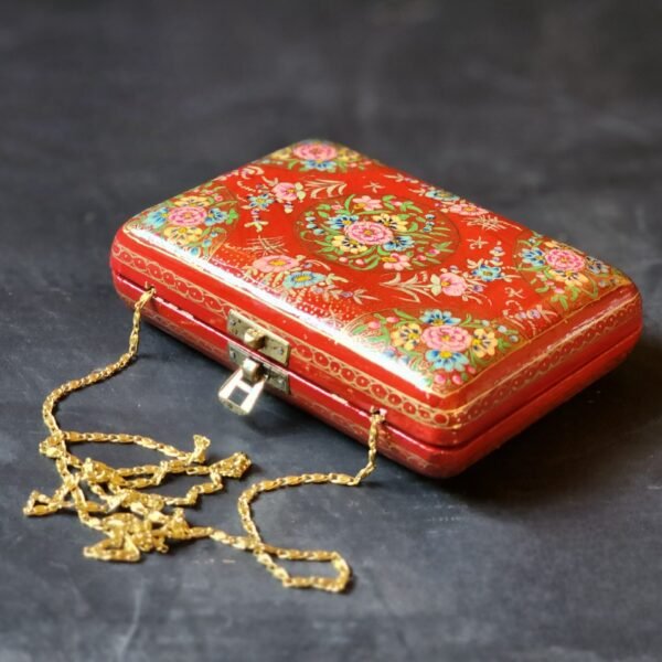 Kashmir Paper Mache Purse with Red base and Hazara Floral Lacquered design