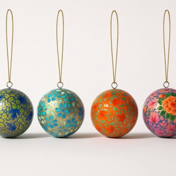 Christmas ornaments hanging decor balls paper mache art (set of 4) , BALL 3 INCH PAPER MACHE