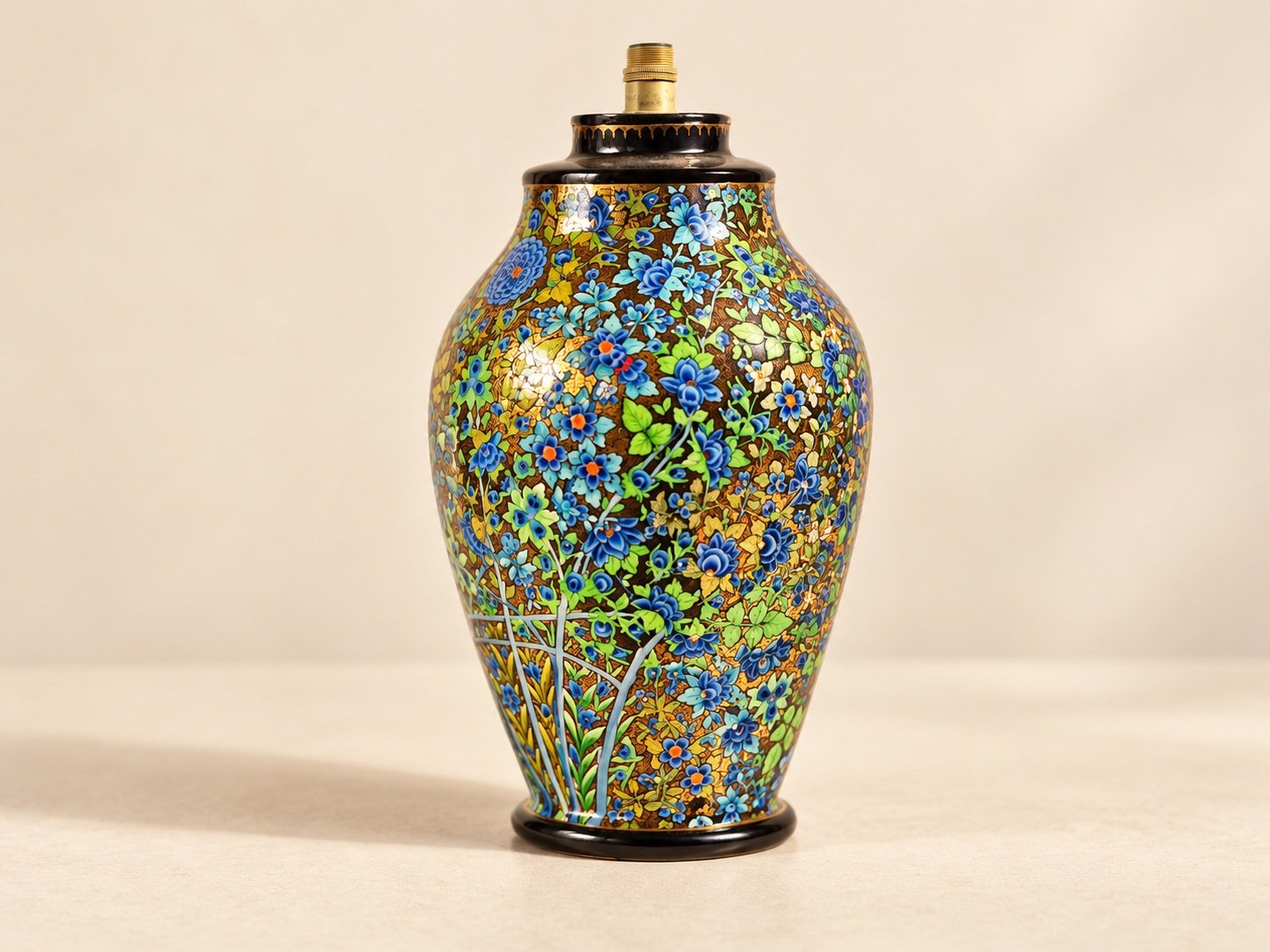 Paper Mache Lamps, Handmade Blue Gold Floral Lamp Base - Kashmiri Paper Mache Mid Century Lamp, Blue and Gold Floral Lamp Base