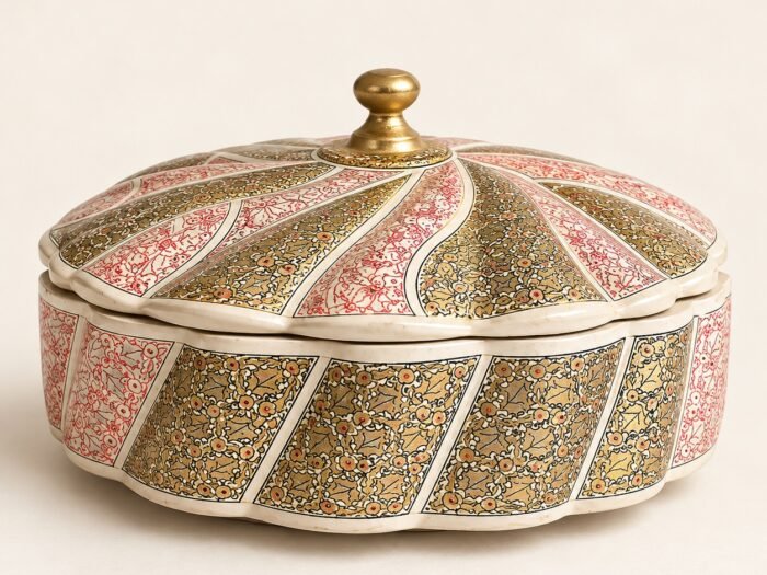 Floral Enamel Trinket Box , Handmade bowl - Paper Mache Fruit Bowl with Lid - Silver and Red Sycamore Foliage Design