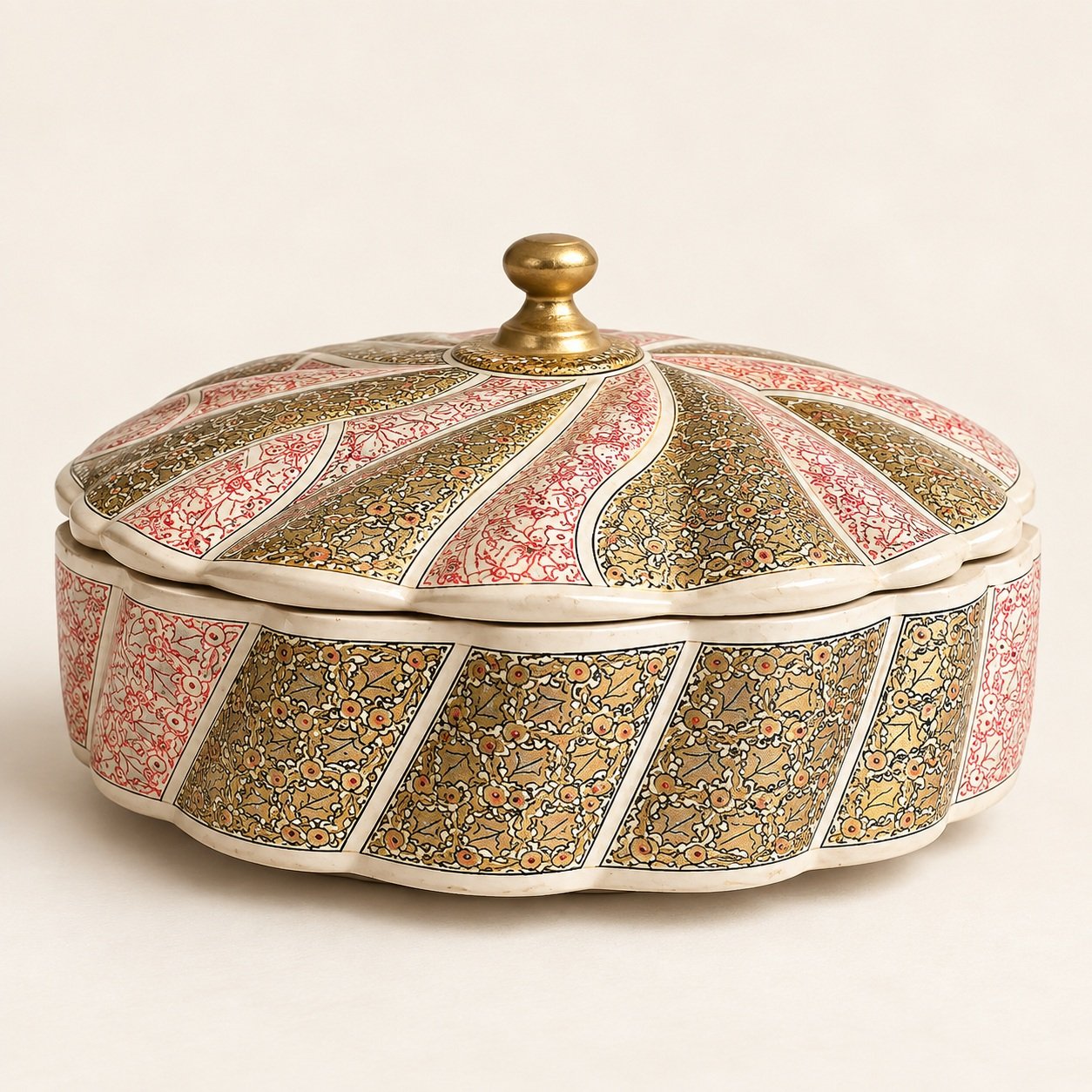 Floral Enamel Trinket Box , Handmade bowl - Paper Mache Fruit Bowl with Lid - Silver and Red Sycamore Foliage Design