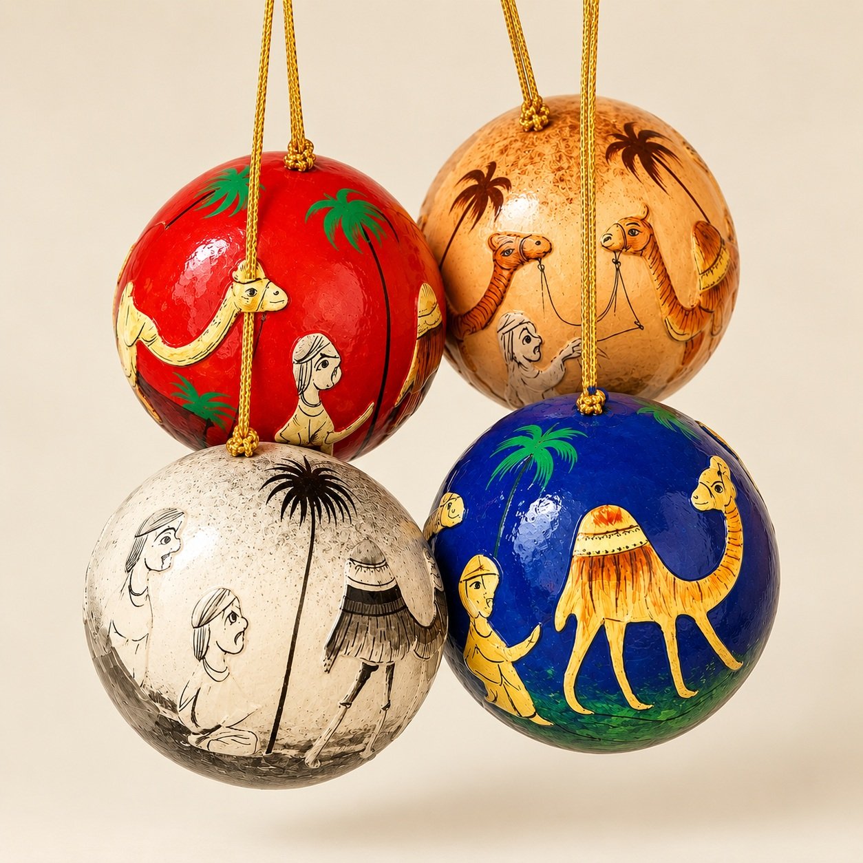Christmas Gift Paper Mache Hanging Balls Decor - Embossed Desert Art Theme