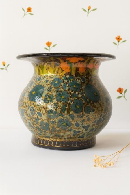 Vintage Real Gold Antique Round Vase - Handmade Paper Mache Painted in Kashmir India,