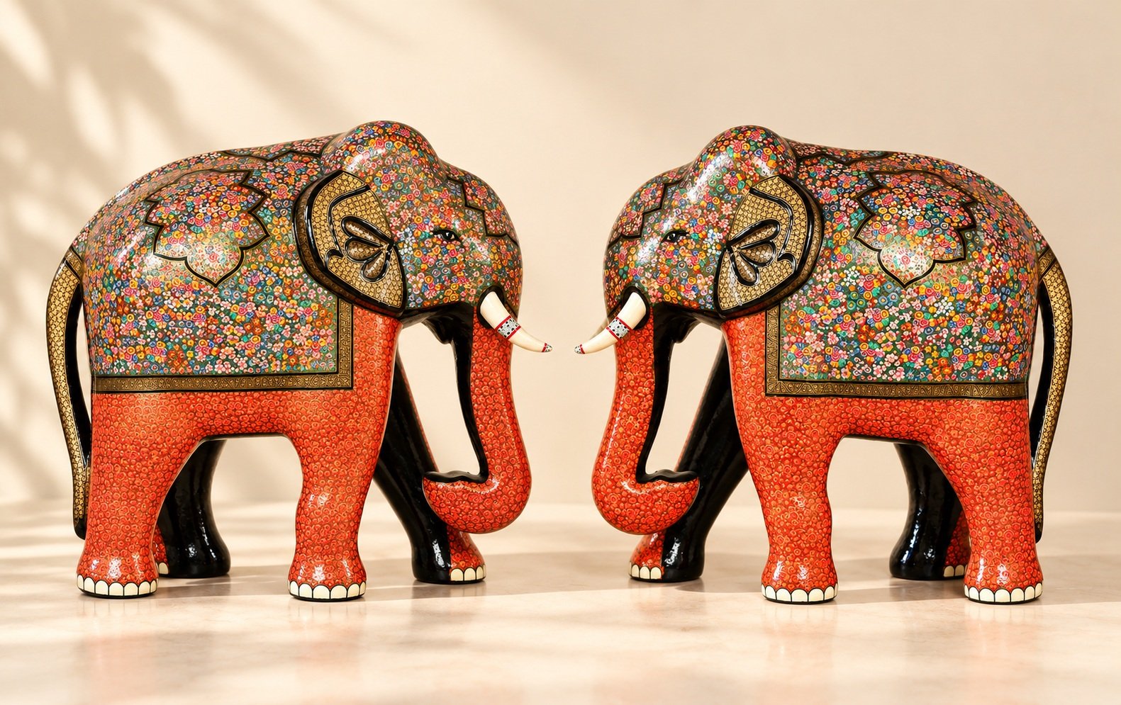 Ornate Floral Elephant Pair