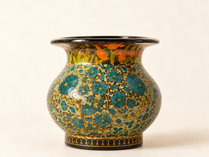 Vintage Real Gold Antique Round Vase - Handmade Paper Mache Painted in Kashmir India,
