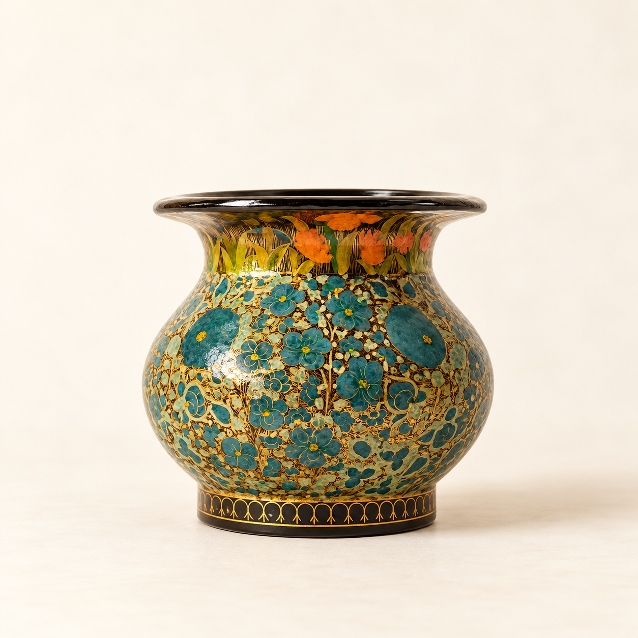 Vintage Real Gold Antique Round Vase - Handmade Paper Mache Painted in Kashmir India,