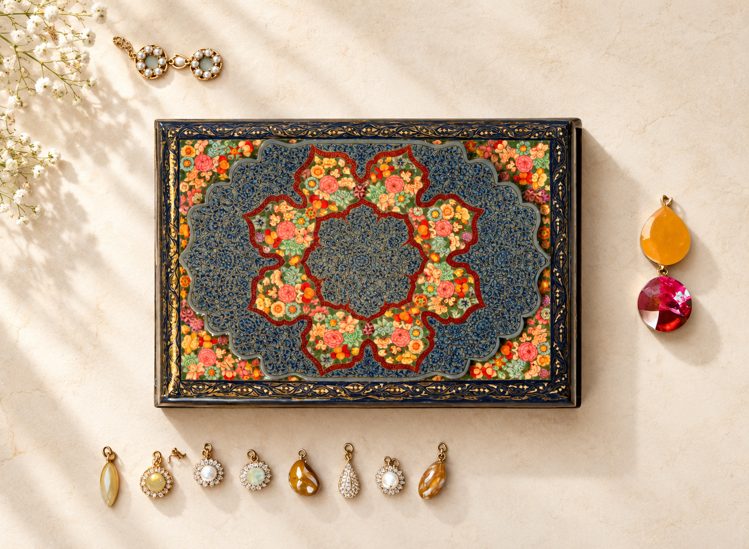 Real Gold Hazara Necklace Gift box Box - 10'' x 7'' x 2'' - Handcrafted Paper Mache from Kashmir