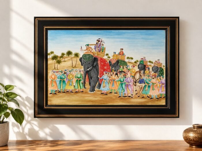 Kashmiri paper mache: Handmade Mughal Arts Elephant Infantry Wall Art, Perfect for Home and Office Décor, Sunlit Mughal Elephant Procession Artwork
