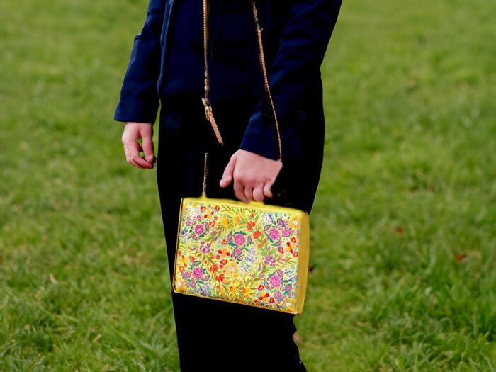 clutch yellow Paper   Mache Clutch with Yellow base and Hazara Floral Lacquered design