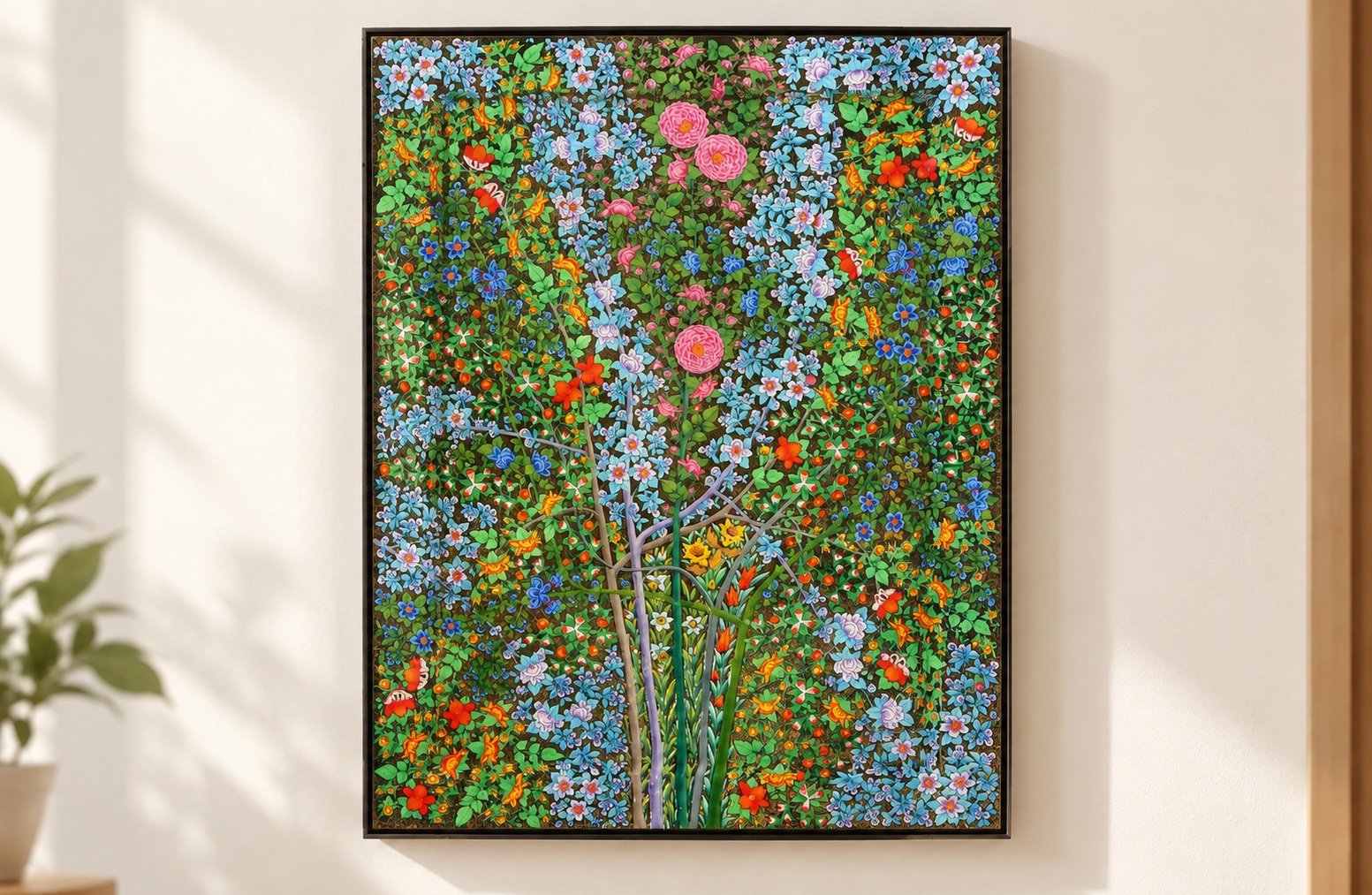Golden Nature's Symphony" - Large Wood Wall Art with Kashmir Floral Painting