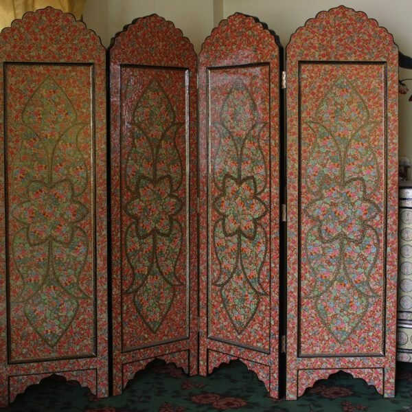 Artwork for living room-Elegant Wooden Room Divider with Intricate Paper Mache Floral Designs