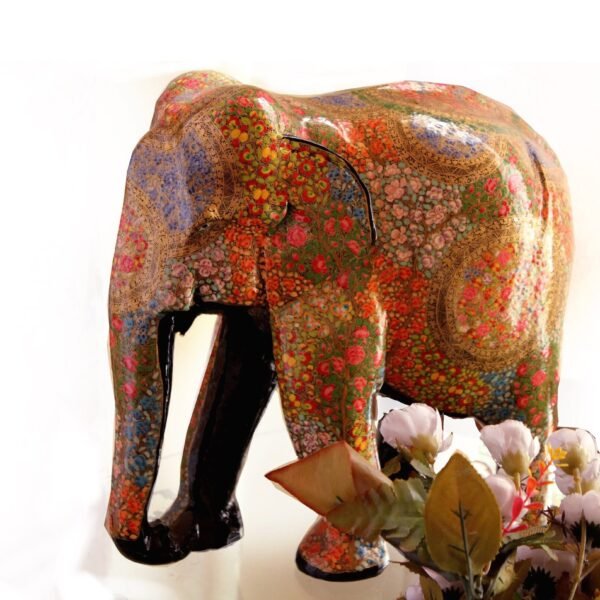 Hand-Carved Painted Elephant Sculpture – Wooden Elephant Statue Artwork for Sale