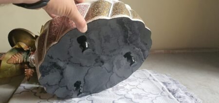 Handmade
bowl - Paper Mache Fruit Bowl with Lid - Silver and Red Sycamore Foliage
Design