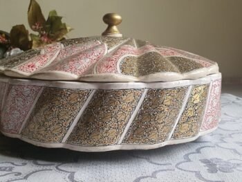 Handmade
bowl - Paper Mache Fruit Bowl with Lid - Silver and Red Sycamore Foliage
Design