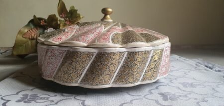 Handmade
bowl - Paper Mache Fruit Bowl with Lid - Silver and Red Sycamore Foliage
Design
