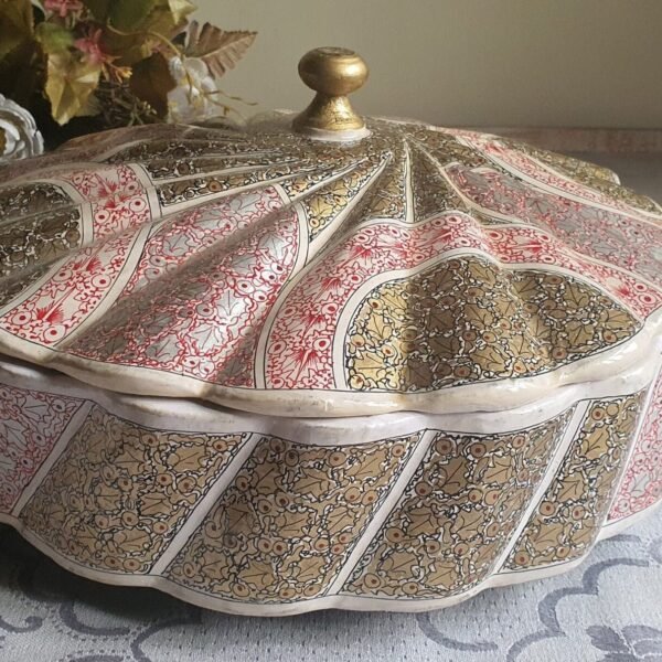 Handmade bowl – Paper Mache Fruit Bowl with Lid – Silver and Red Sycamore Foliage Design