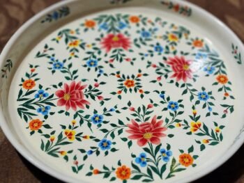 Round enamelware tray – custom serving art deco lacquered wedding Hand-painted gift made of steel-