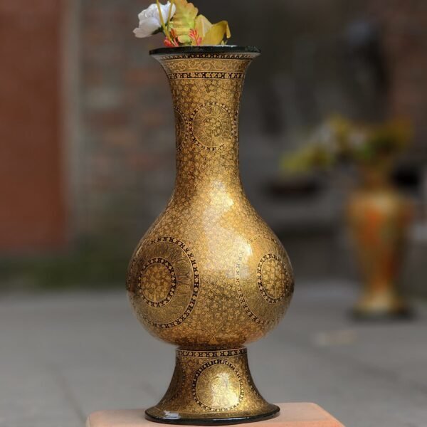 Handmade Kashmiri Papier Mache Vase – 16" Tall with Gold Chinar Leaf Painting, Perfect for Bedroom Decor or Wedding Gift