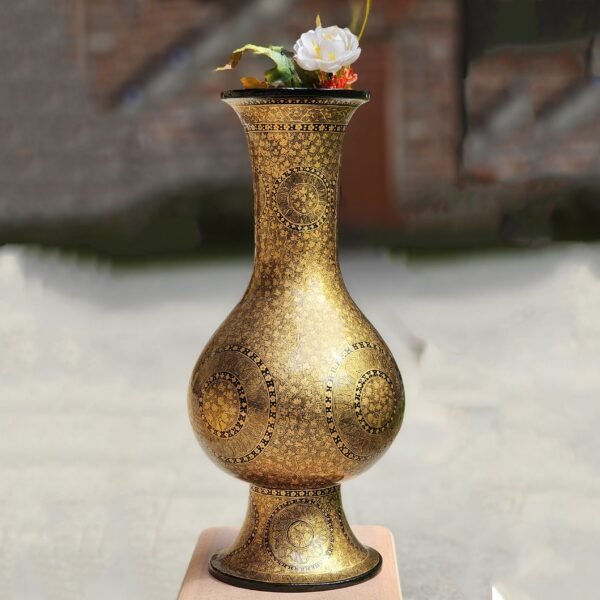 Handmade Kashmiri Papier Mache Vase – 16" Tall with Gold Chinar Leaf Painting, Perfect for Bedroom Decor or Wedding Gift