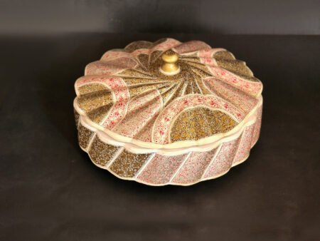 Handmade
bowl - Paper Mache Fruit Bowl with Lid - Silver and Red Sycamore Foliage
Design