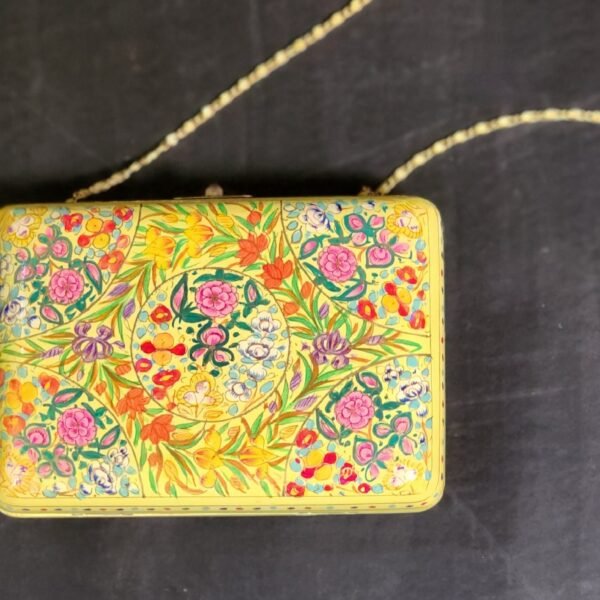 Paper Mache Clutch with Yellow base and Hazara Floral Lacquered design