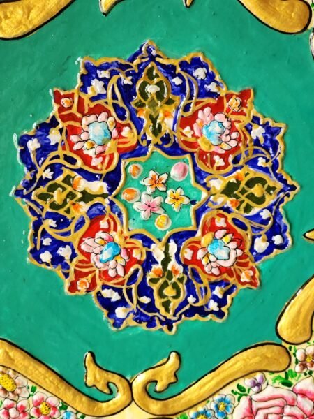 Hand-Painted
Indo-Persian Wooden Panel 3 feet x 2 feet- Geometric Floral with Roses