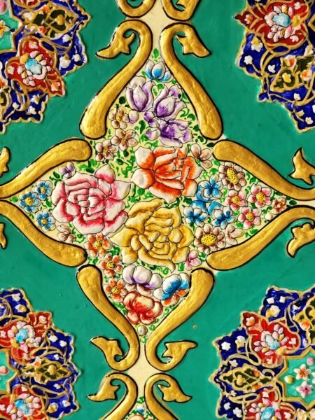 Hand-Painted
Indo-Persian Wooden Panel 3 feet x 2 feet- Geometric Floral with Roses