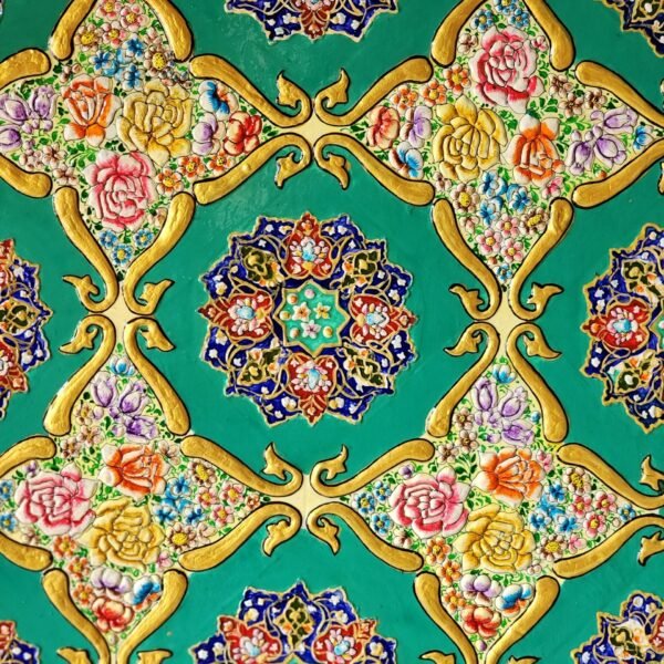 Hand-Painted Indo-Persian Wooden Panel 3 feet x 2 feet- Geometric Floral with Roses
