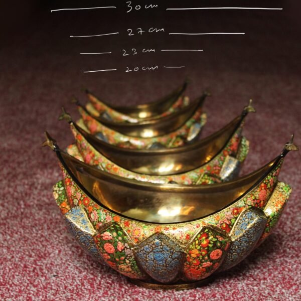Royal Paper Mache and Brass Fruit Bowl Set with Floral Motifs – Set of 4