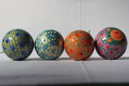 Christmas
ornaments hanging decor balls paper mache art (set of 4)