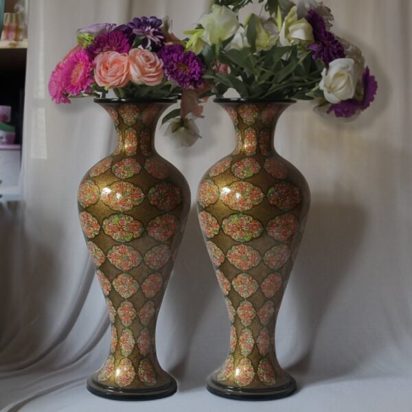 Eternal Blossoms – Pair of Exquisite Paper Mache Tall Vases Decor with Enchanting Floral Motifs