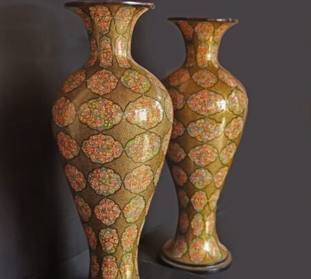 Eternal
Blossoms - Pair of Exquisite Paper Mache Vases with Enchanting Floral Motifs