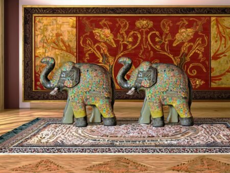 Majestic
Mughal Elephant Sculpture – Paper mache decor ( sold as a pair )