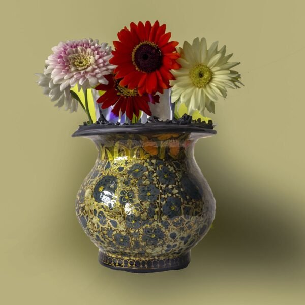 Vintage Real Gold Antique Round Vase – Handmade Paper Mache Painted in Kashmir India, Perfect for Housewarming and Vintage Decor (1990s)