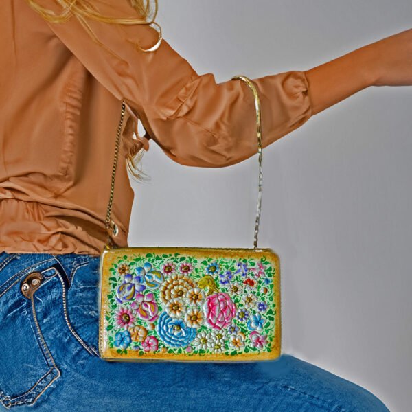 Clutch-Handcrafted in Kashmir-Paper Mache Clutch with Embossed Floral Lacquered Art-8 inch