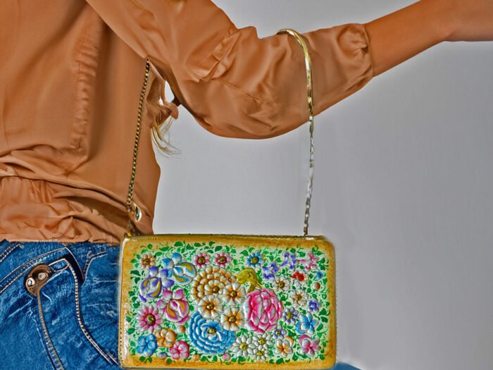 paper mache clutch2-Clutch-Handcrafted   in Kashmir-Paper Mache Clutch with Embossed Floral Lacquered Art-8 inch