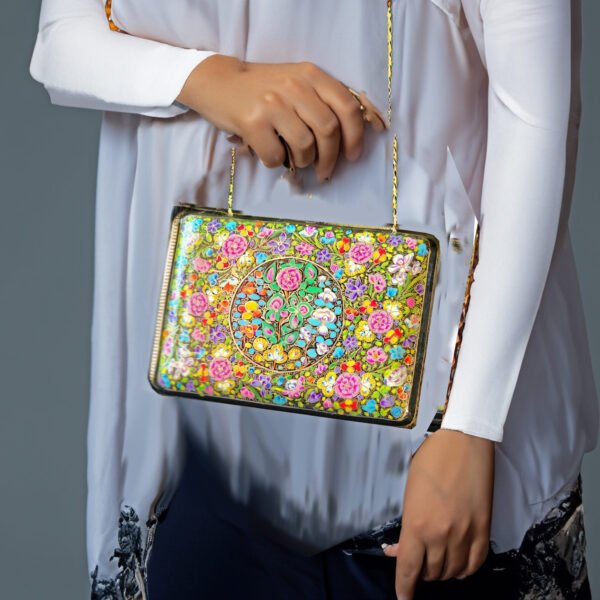 Clutch-Handmade Kashmir Paper Mache Clutch with Hazara Floral Lacquered