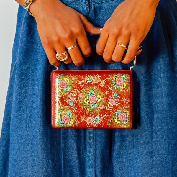 Kashmir Paper Mache Purse with Red base and Hazara Floral Lacquered design
