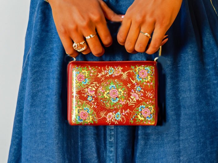 Kashmir  Paper Mache Purse with Red base and Hazara Floral Lacquered design