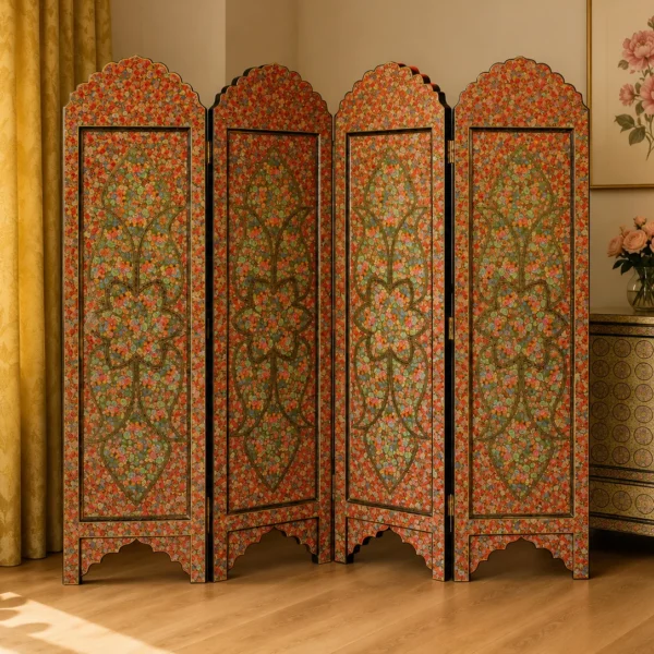 kashmiri paper mache shop, Floral Wooden Room Divider, Artwork for living room-Elegant Wooden Room Divider with Intricate Paper Mache Floral Designs