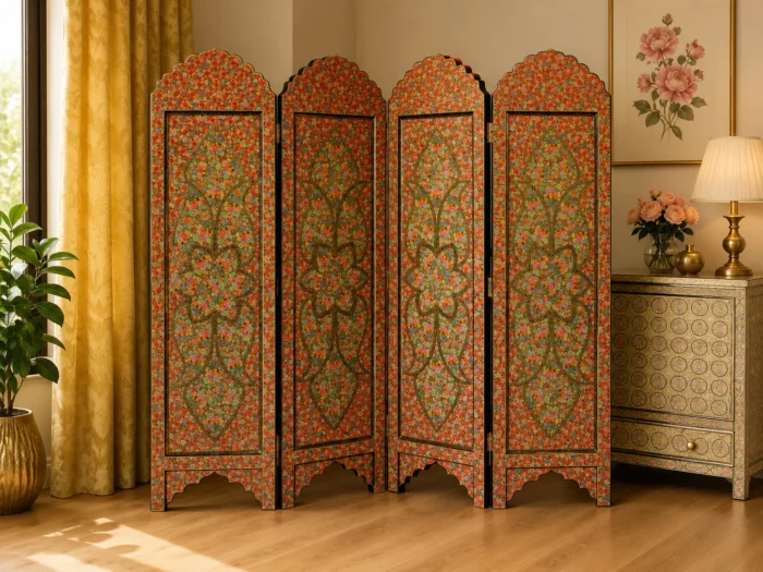 kashmiri paper mache shop, Floral Wooden Room Divider, Artwork for living room-Elegant Wooden Room Divider with Intricate Paper Mache Floral Designs