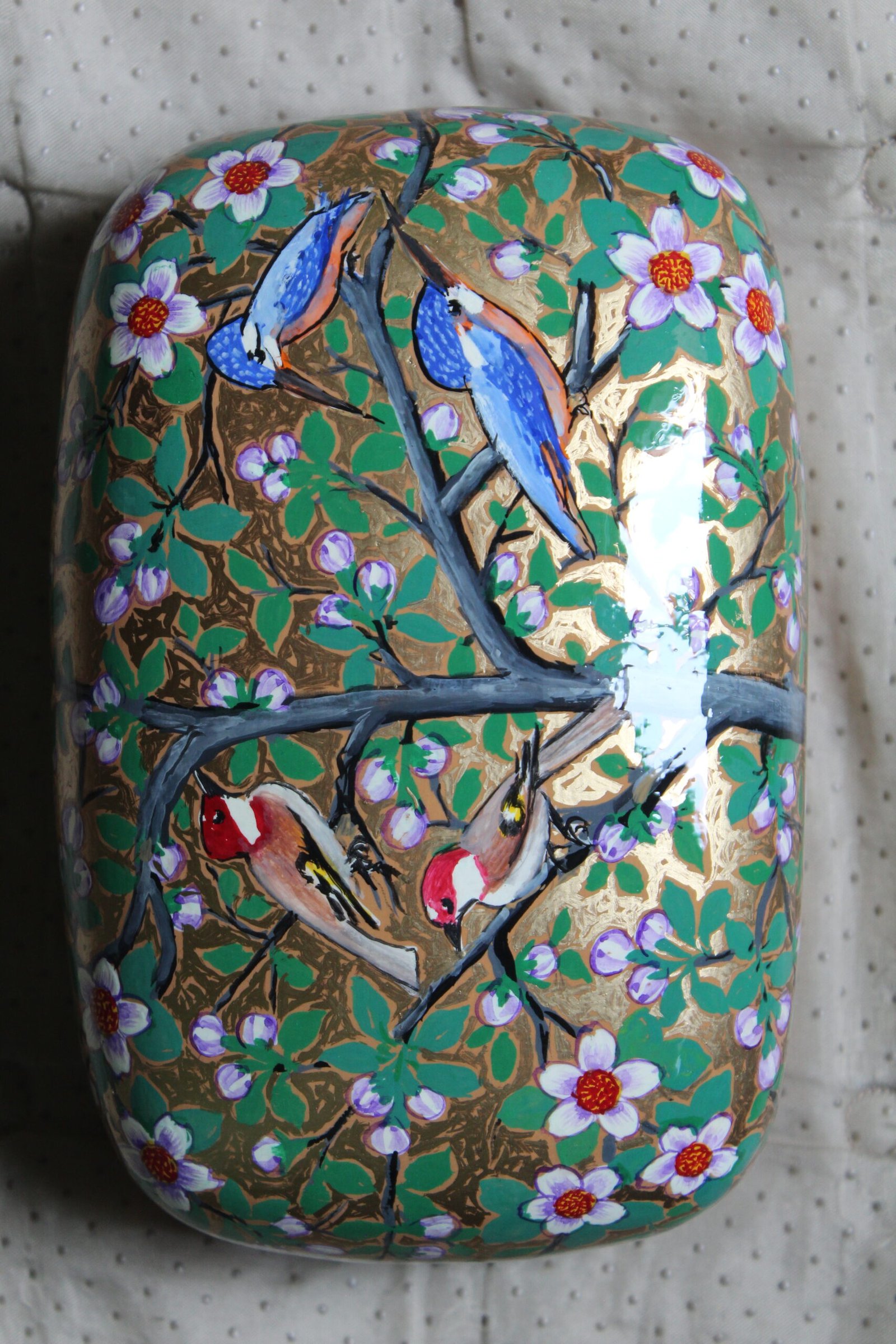 Goldfinch and Kingfisher Papier Mâché Box – 7x4 Inch Hand-Painted Kashmiri Art - Image 2
