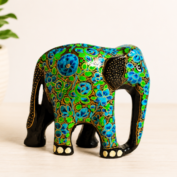 Handcrafted Blue Floral Papier-Mâché Elephant Showpiece – Wooden Decorative Art Figurine (4.5 x 4 x 2 Inches)