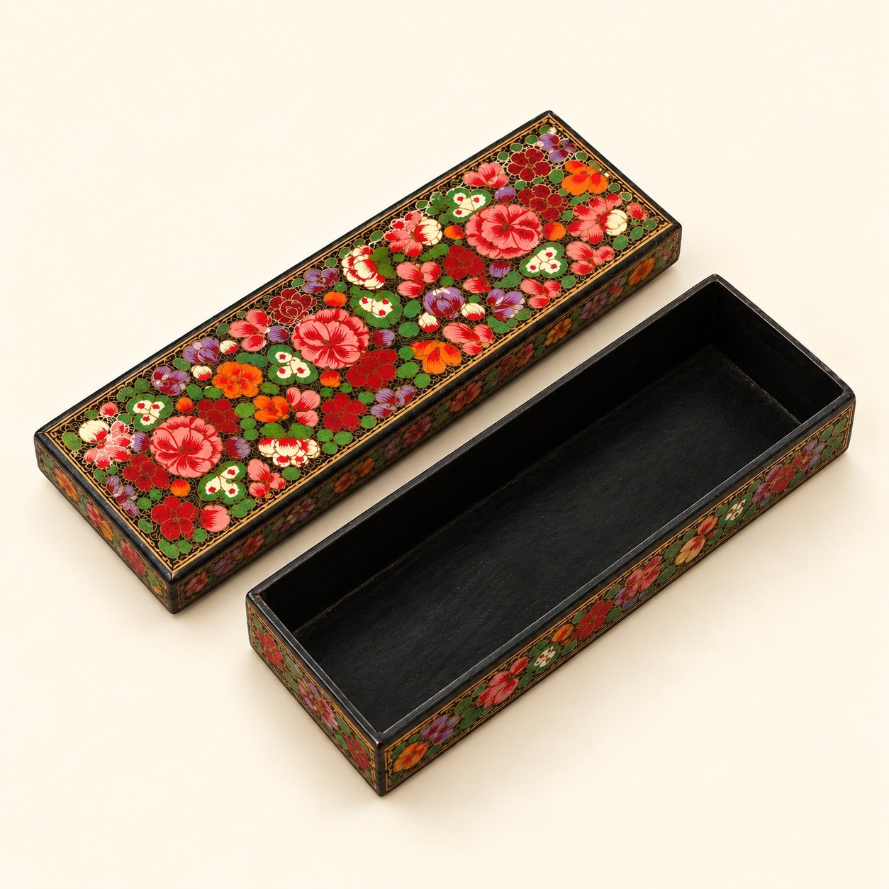 Decorative enamel box with floral design – Floral Black Lacquer Keepsake Box - Image 2