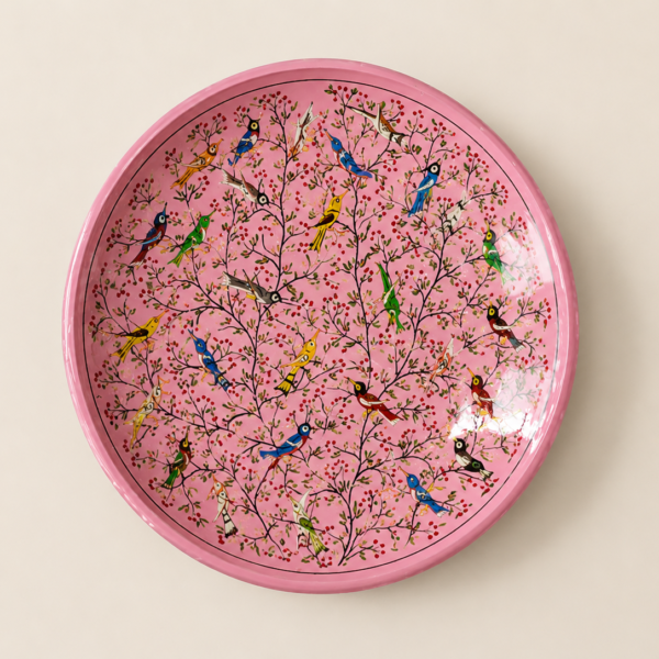 Pastel Birds on Decorative Plate – Handmade 12" Round Pink Decorative Tray